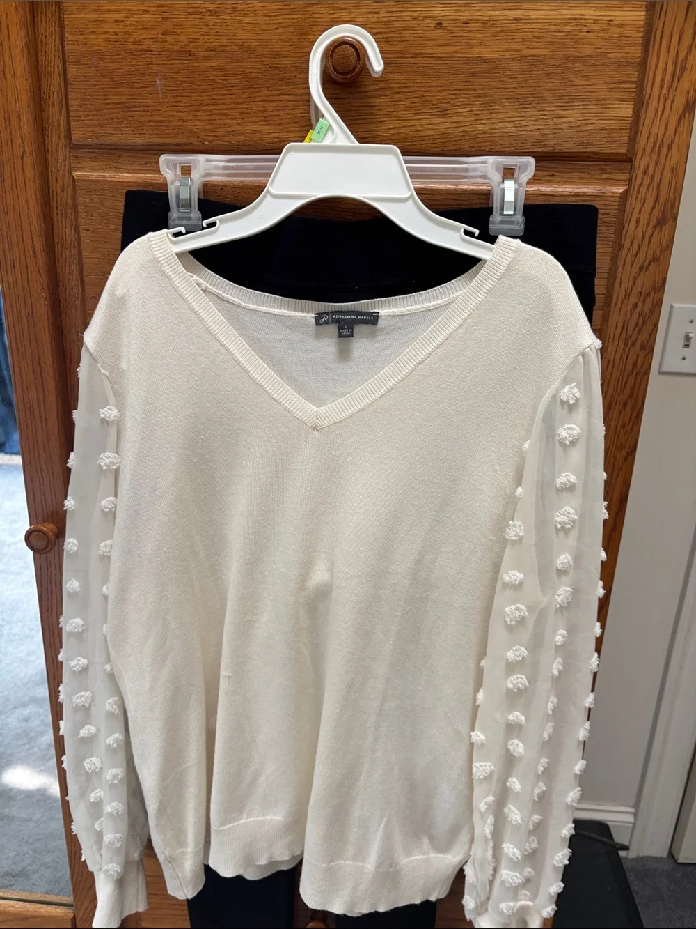 Adrianna Papell Cream V-Neck Sweater with Pom-Pom Sleeve Detail - Picture 4 of 5